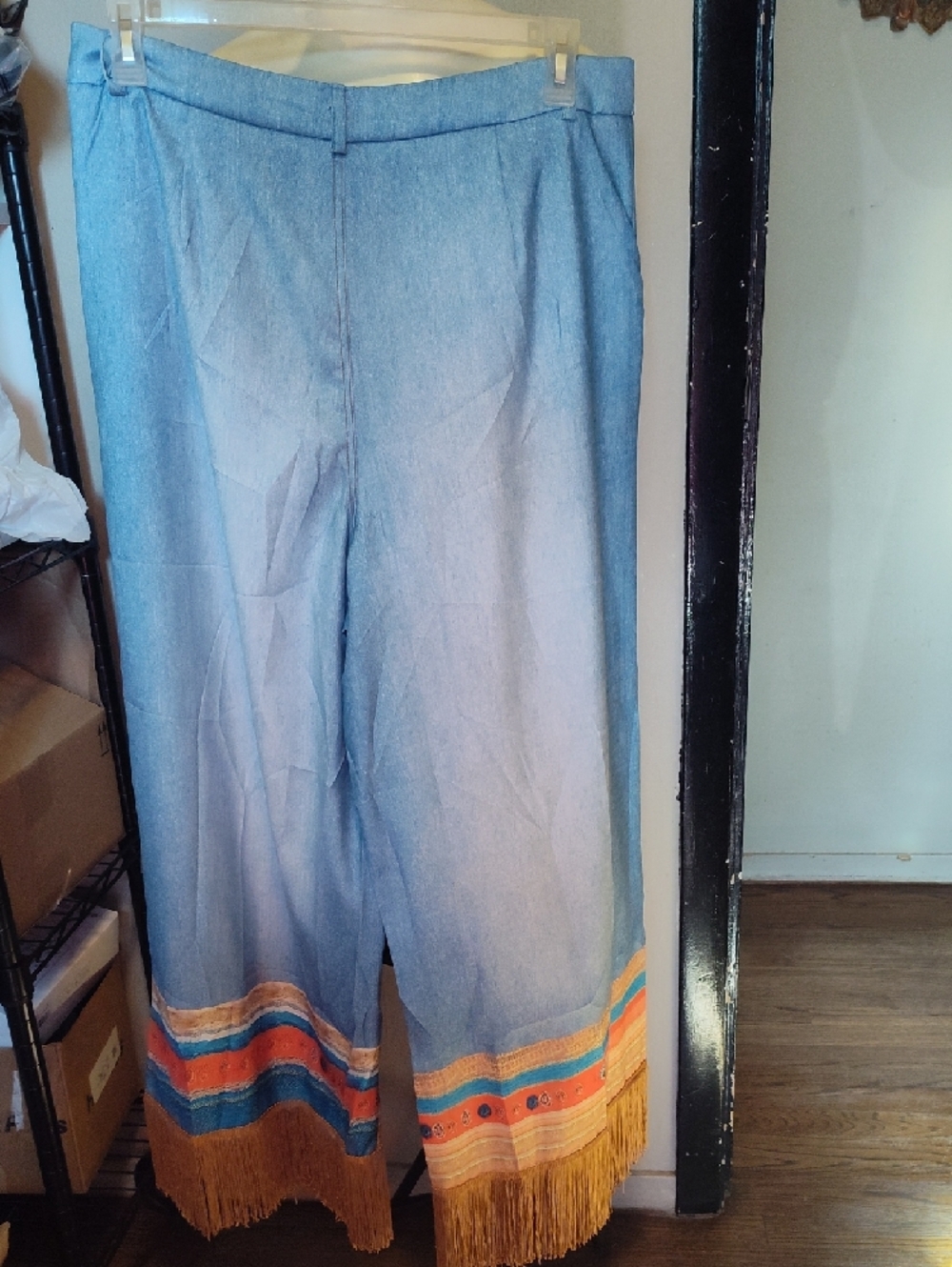 Boho Embroidered  Light Wash Wide-Leg Pants w / Fringe Jean (Material Not Jean ) - Picture 6 of 10
